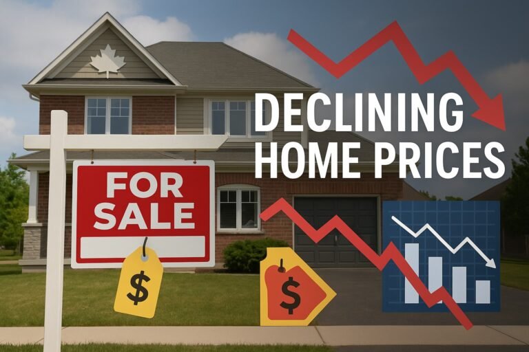 Falling home prices in Canada illustrated with a ‘For Sale’ sign and declining market trend graphics
