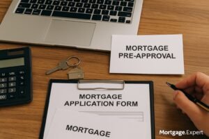 “Mortgage advisor’s desk with laptop, calculator, house key, and pre-approval application form in Canada, captured from a top-down angle”
