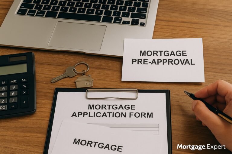 “Mortgage advisor’s desk with laptop, calculator, house key, and pre-approval application form in Canada, captured from a top-down angle”
