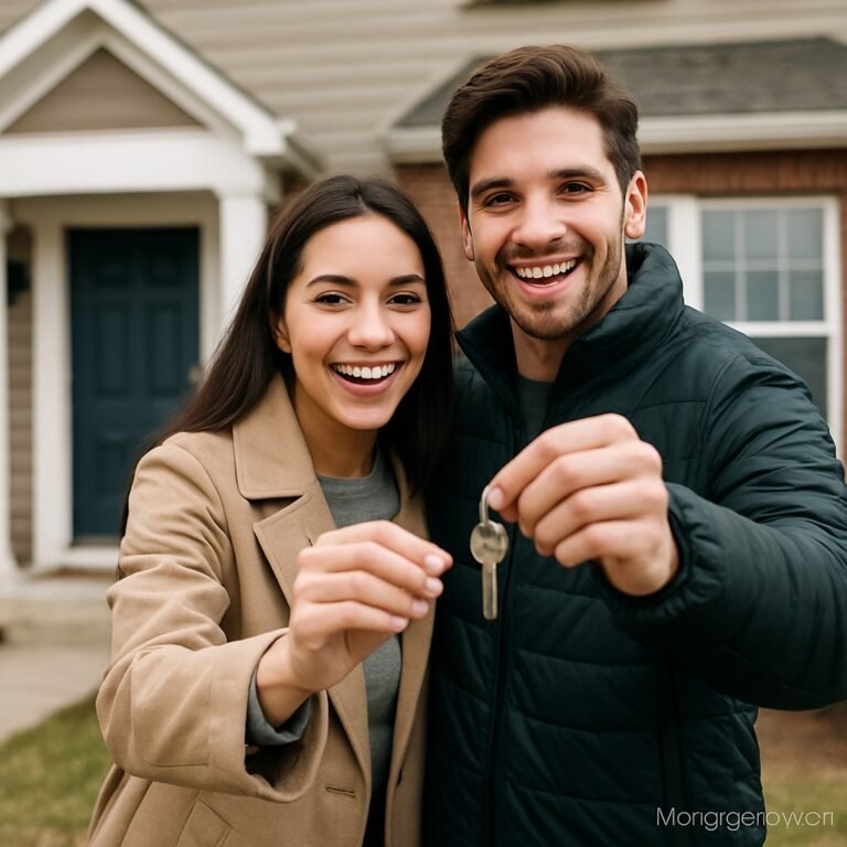 “Smiling young couple standing outside their new home holding keys, symbolizing success with first-time home buyer grants in Canada”
