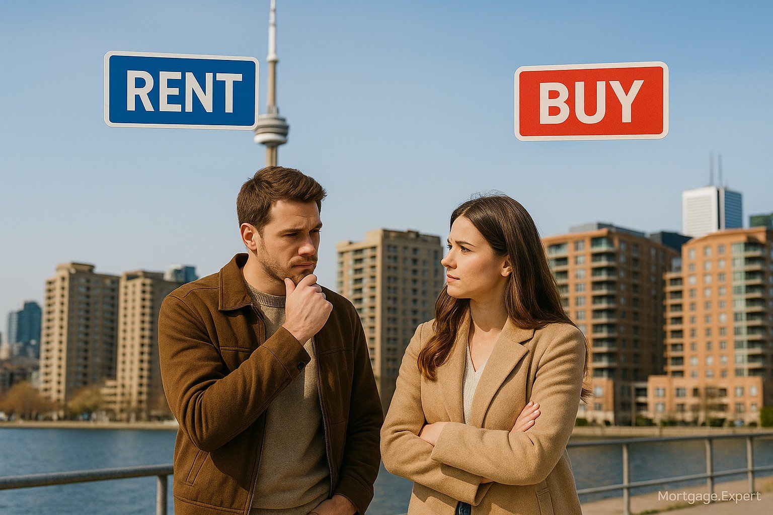 “Canadian couple standing by Toronto’s waterfront with CN Tower in background, contemplating whether to rent or buy a home in 2025”