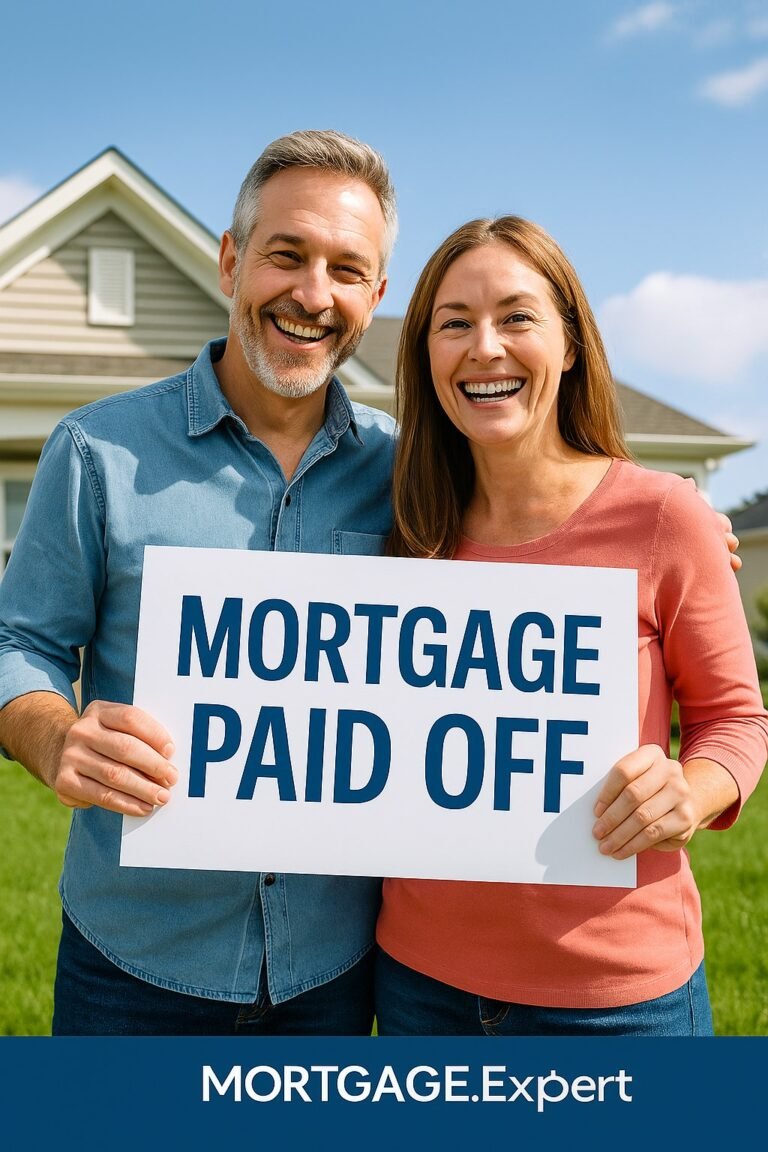 “Canadian homeowners celebrating after paying off mortgage early — holding sign with paid-in-full message outside home.”