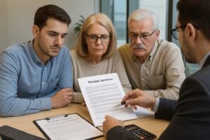 Canadian family reviewing mortgage documents together before co-signing
