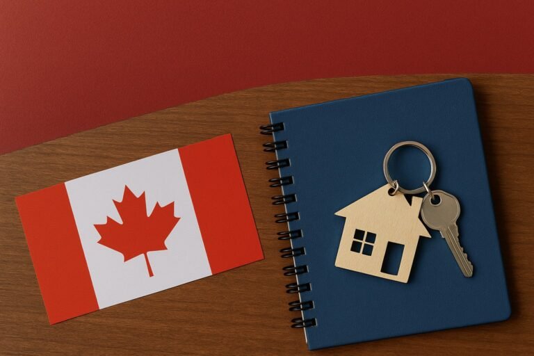 Canadian flag next to a house-shaped keychain on a notebook, symbolizing housing and mortgage planning in Canada