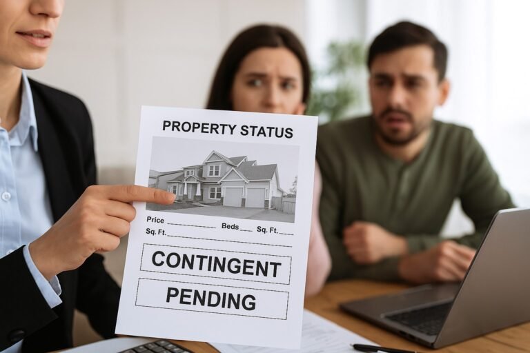 Confused homebuyers reviewing contingent vs. pending sale status with agent