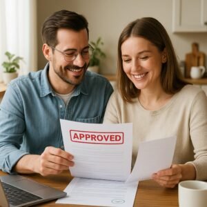 Canadian couple reviewing mortgage approval documents at home after switching lenders without stress test – 2025 policy change