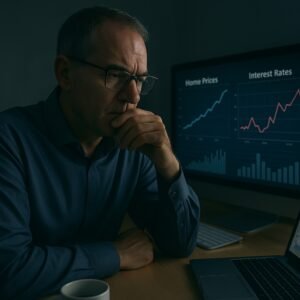 “Canadian mortgage broker sitting at a desk, looking concerned while reviewing housing market charts and interest rate graphs on screen — dimly lit office reflects uncertainty.”