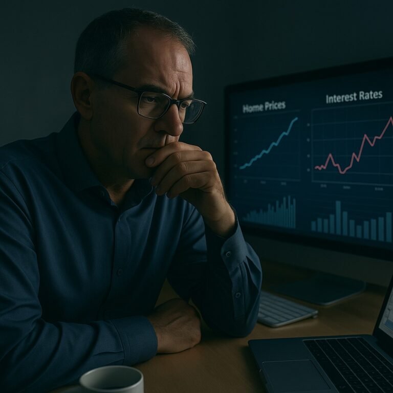 “Canadian mortgage broker sitting at a desk, looking concerned while reviewing housing market charts and interest rate graphs on screen — dimly lit office reflects uncertainty.”