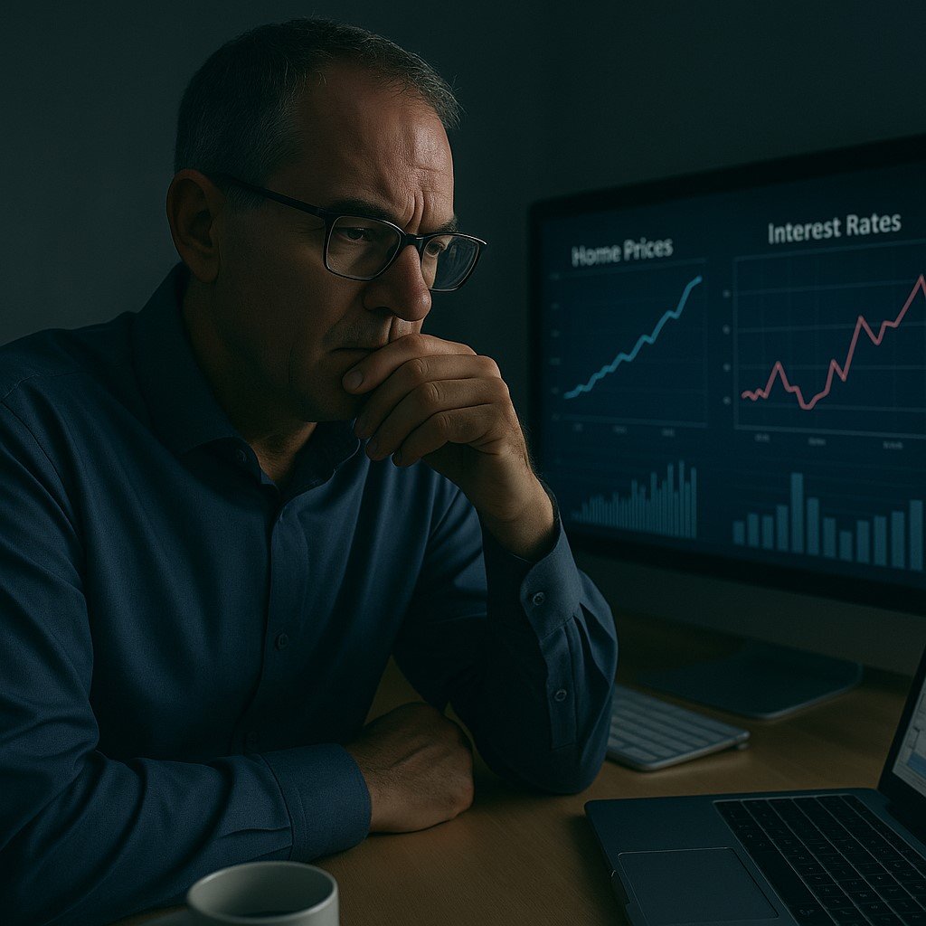 “Canadian mortgage broker sitting at a desk, looking concerned while reviewing housing market charts and interest rate graphs on screen — dimly lit office reflects uncertainty.”