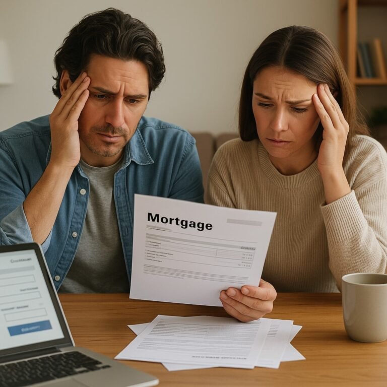 Canadian couple reviewing mortgage documents at home amid Bank of Canada variable rate warning in July 2025