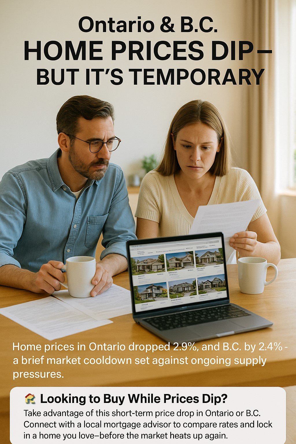 “Canadian homebuyers reviewing listings and market data at home in July 2025”