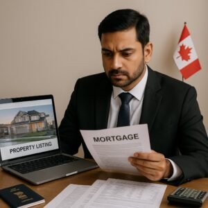 Indian NRI buyer reviewing Canadian mortgage documents with passport and property listing — planning home purchase from abroad.