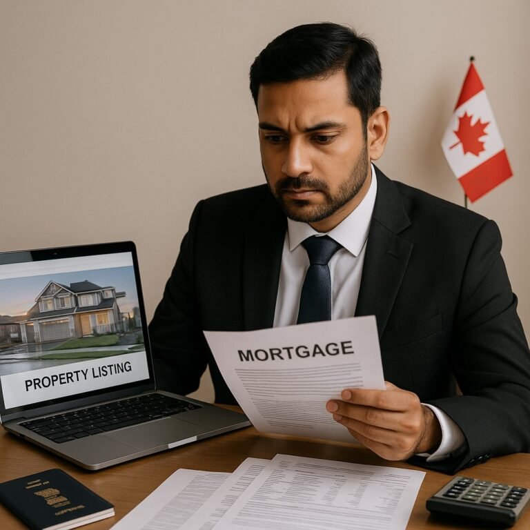 Indian NRI buyer reviewing Canadian mortgage documents with passport and property listing — planning home purchase from abroad.