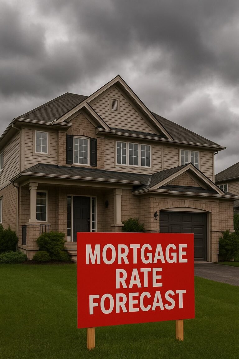 Canadian home with mortgage rate forecast sign under cloudy sky in July 2025