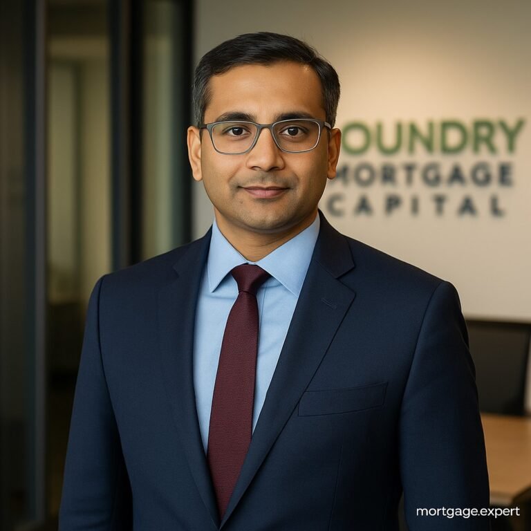 Dinesh Achria, newly promoted Partner at Foundry Mortgage Capital, photographed in a modern office with company logo in background