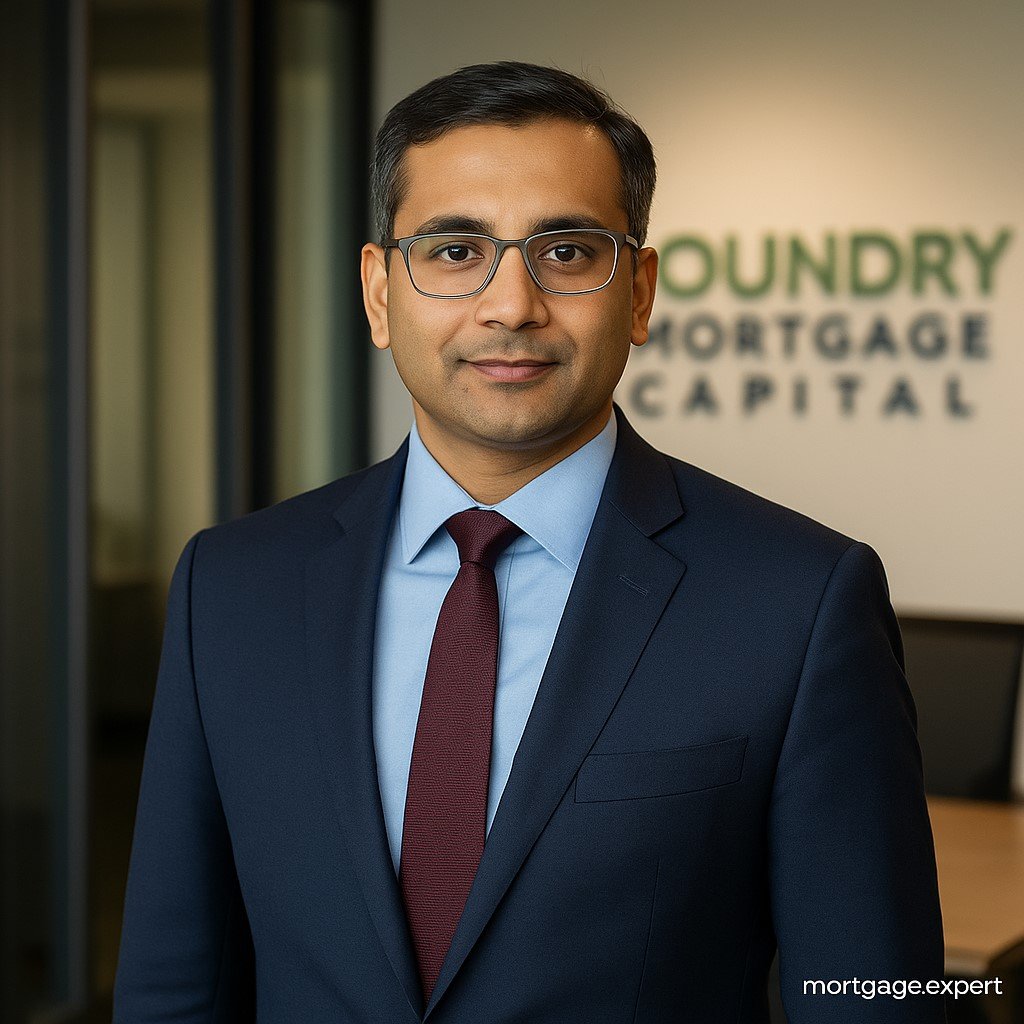 Dinesh Achria, newly promoted Partner at Foundry Mortgage Capital, photographed in a modern office with company logo in background