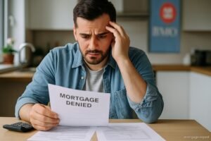 Frustrated Canadian homebuyer reviewing mortgage application results at kitchen table, with calculator and paperwork visible, and BMO logo faintly in background.