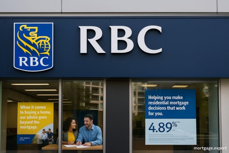 Exterior of an RBC branch with subtle signage promoting a hidden 5-year fixed mortgage rate, reflecting unpublished rate cuts in July 2025.