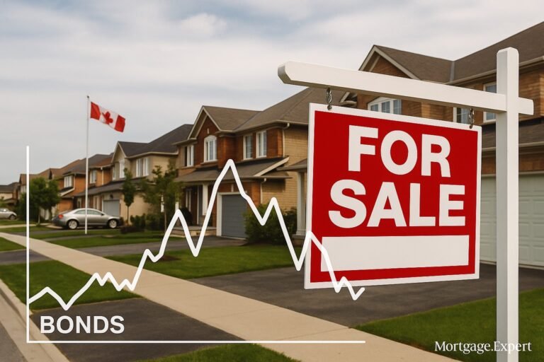 “Canadian house with bond yield chart overlay – mortgage rate signals July 2025”