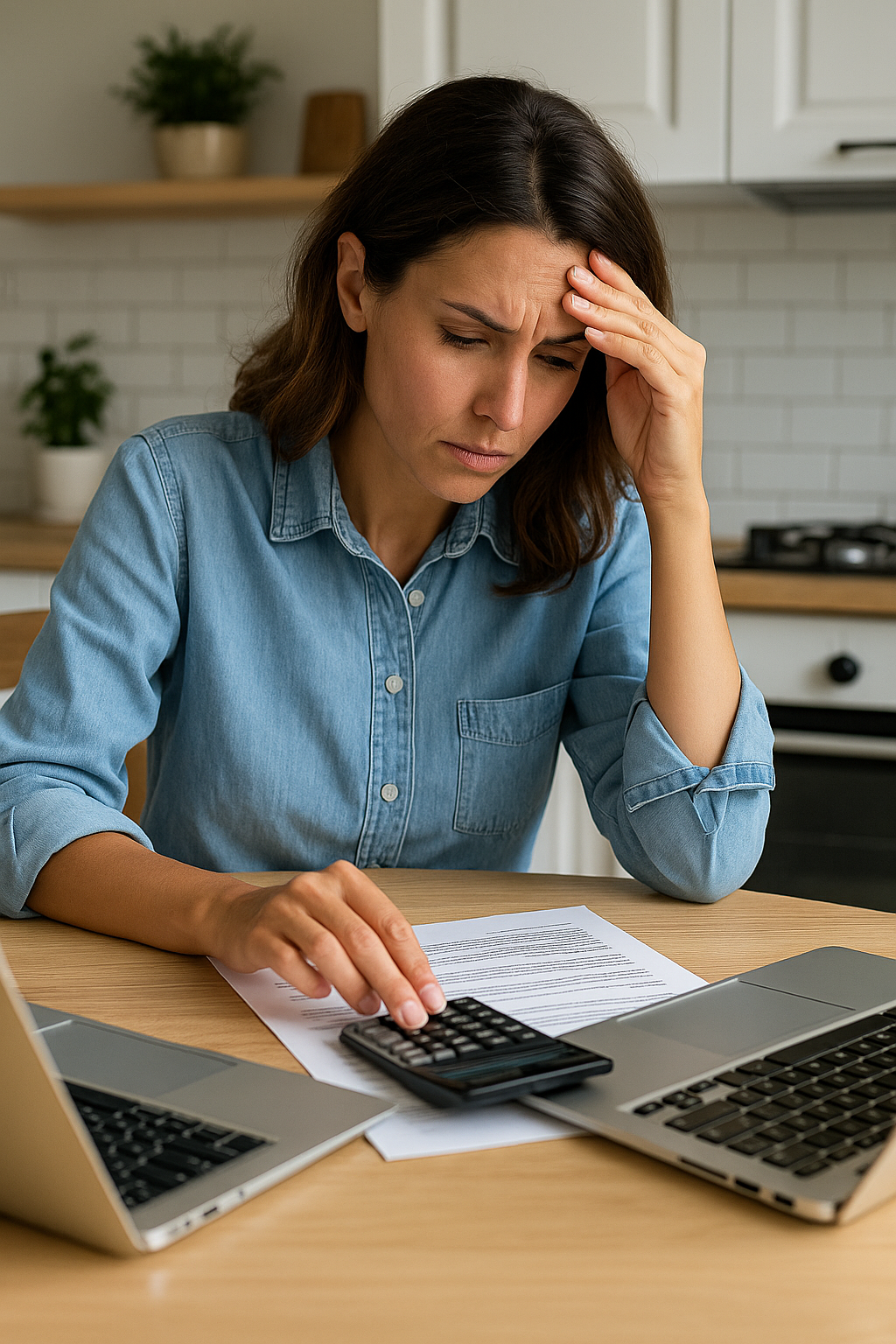 Stressed Canadian homeowner calculating mortgage renewal costs at kitchen table with laptop and paperwork