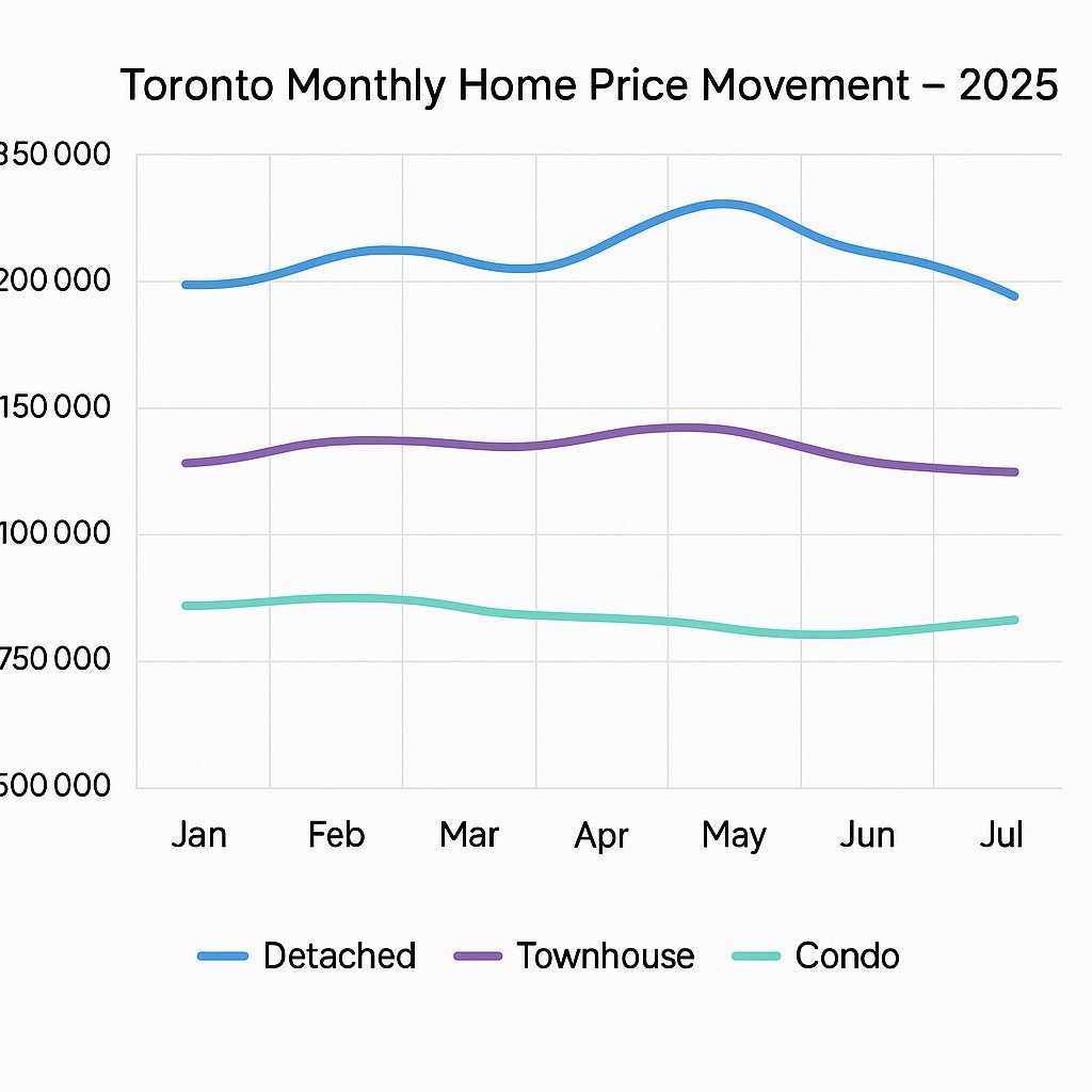 Toronto Monthly Home Price Trend – Jan to Jul 2025 Toronto 2025 home price movement chart by housing type