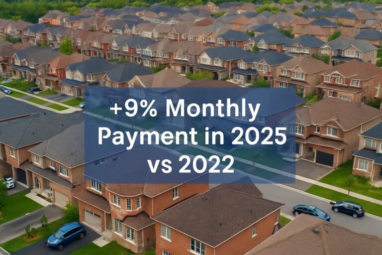 “Ontario suburban homes with infographic overlay showing rise in monthly mortgage payments from 2022 to 2025”