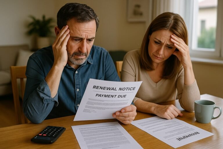 A middle-aged Canadian couple sitting at a wooden dining table, visibly worried as they review financial documents and a calculator, with a paper labeled “Payment Due” and a laptop open beside them.