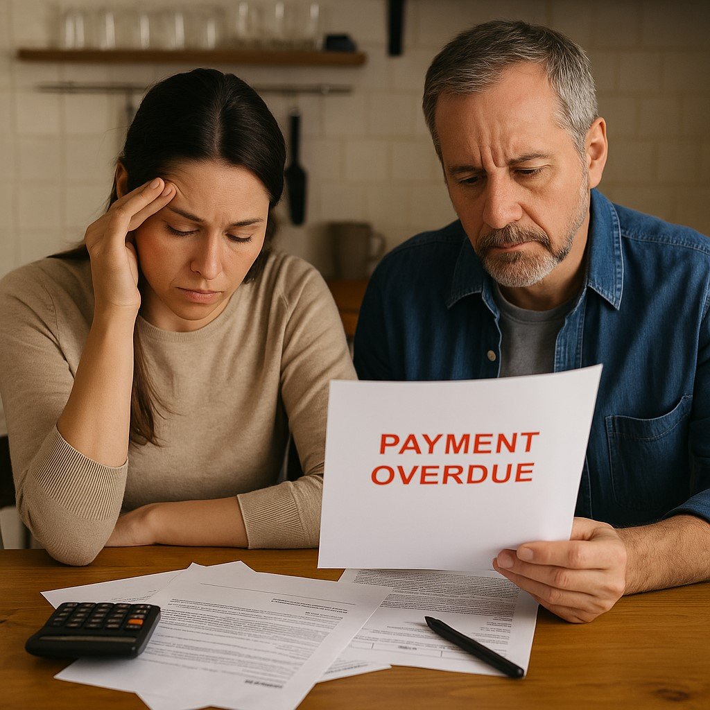 A stressed Canadian couple seated at a kitchen table, reviewing overdue mortgage documents with a calculator and a visible “Payment Overdue” notice.