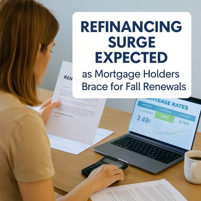 A Canadian homeowner at their desk, holding a mortgage renewal notice, with a laptop displaying a rate comparison website and a calculator nearby.