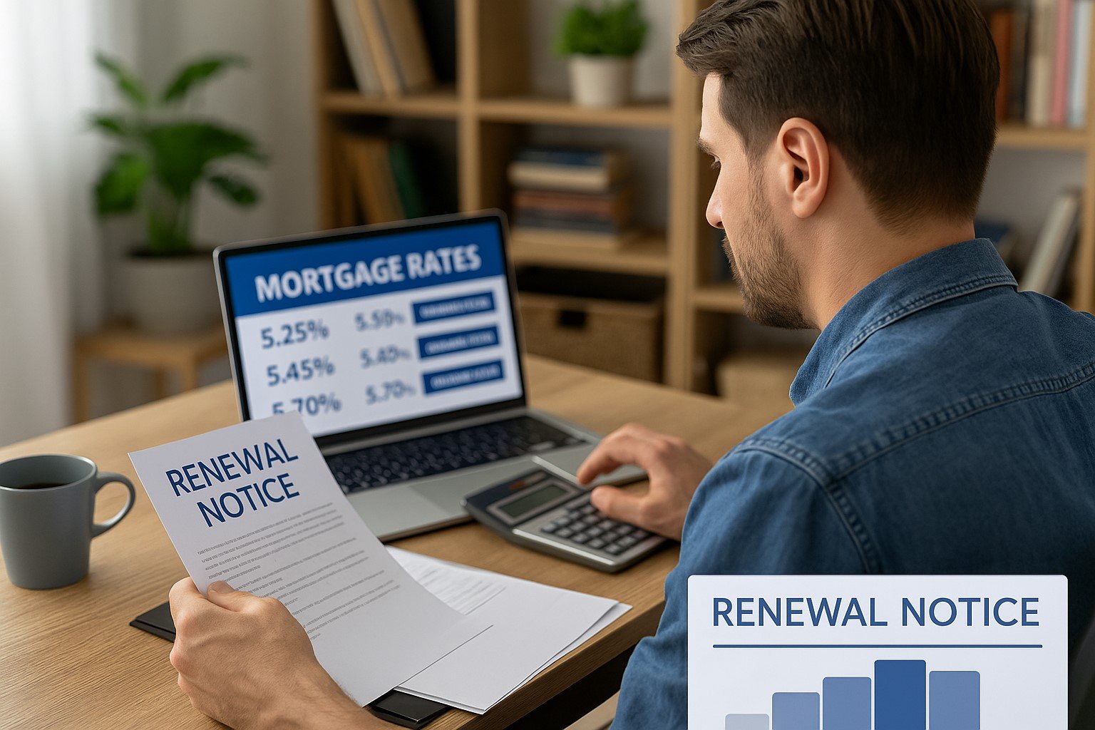 A Canadian homeowner sitting at their desk with a mortgage renewal notice, calculator, and laptop displaying a mortgage rate comparison website.