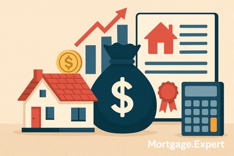 "Flat illustration of a house, dollar bag, mortgage document, coin, and calculator representing Canadian mortgage concepts"