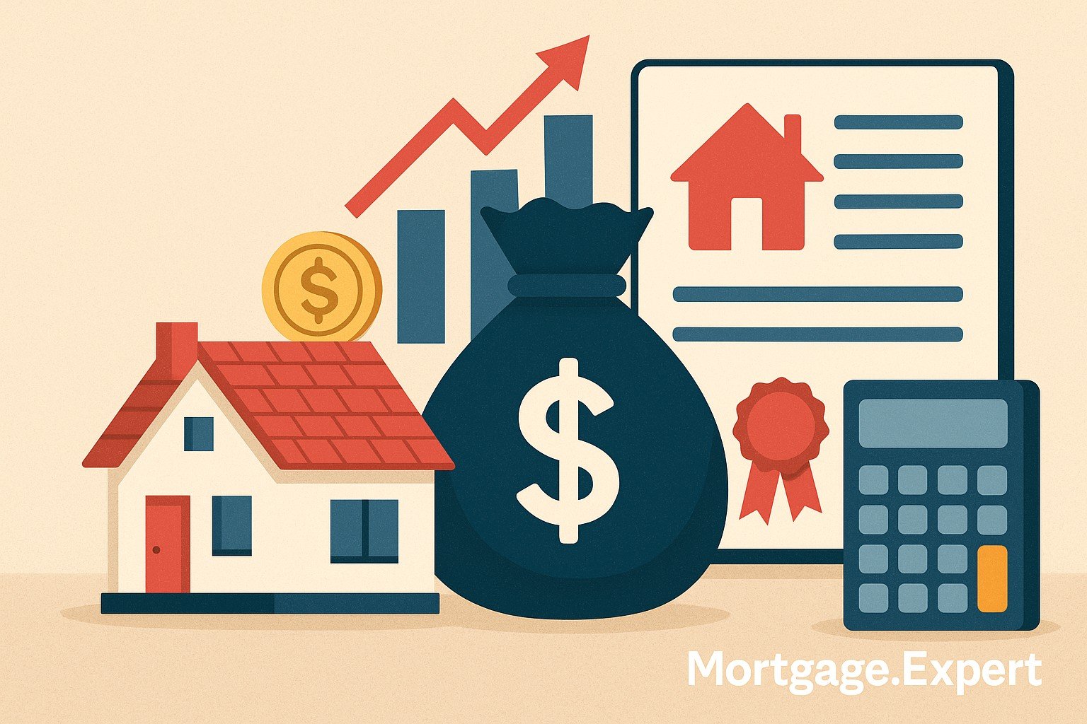 "Flat illustration of a house, dollar bag, mortgage document, coin, and calculator representing Canadian mortgage concepts"