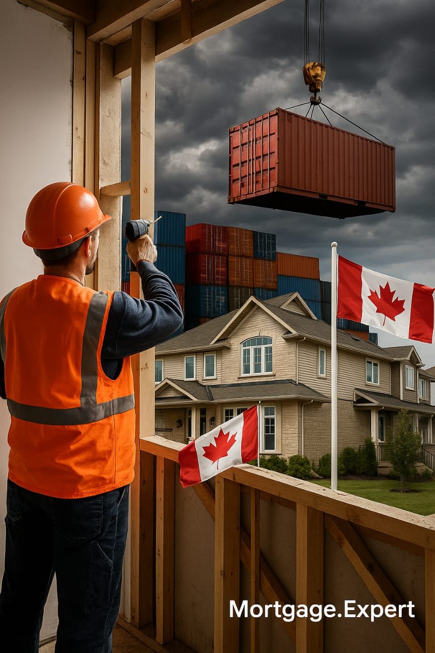 Canadian suburban neighborhood with cargo ships and port cranes in the background, symbolizing the impact of global trade wars on Canadian housing costs in 2025