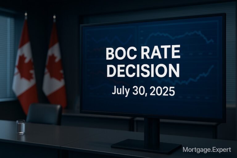 Bank of Canada interest rate meeting July 30, 2025 – market watching digital display with forecast charts