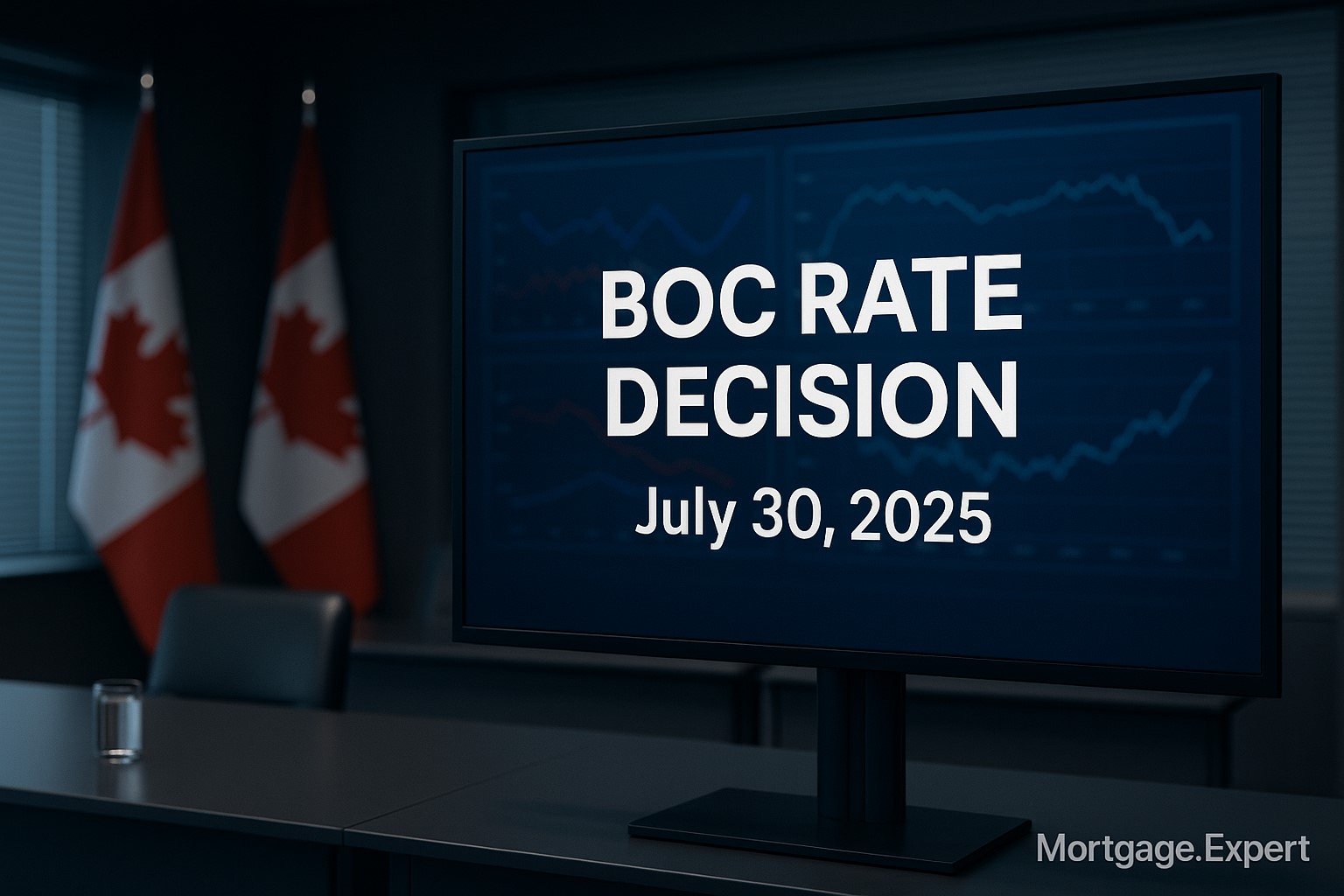 Bank of Canada interest rate meeting July 30, 2025 – market watching digital display with forecast charts