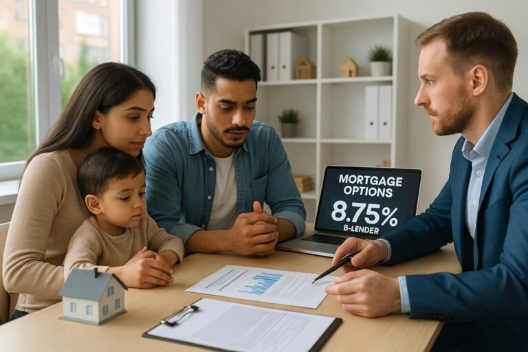 A young immigrant family speaking with a Canadian mortgage broker at a real estate office, with a visible rate sheet showing “8.75% B-Lender” on the desk.