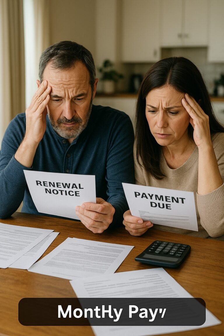 A middle-aged Canadian couple reviewing “Renewal Notice” and “Payment Due” documents with worried expressions at their dining table, surrounded by financial paperwork and a calculator.