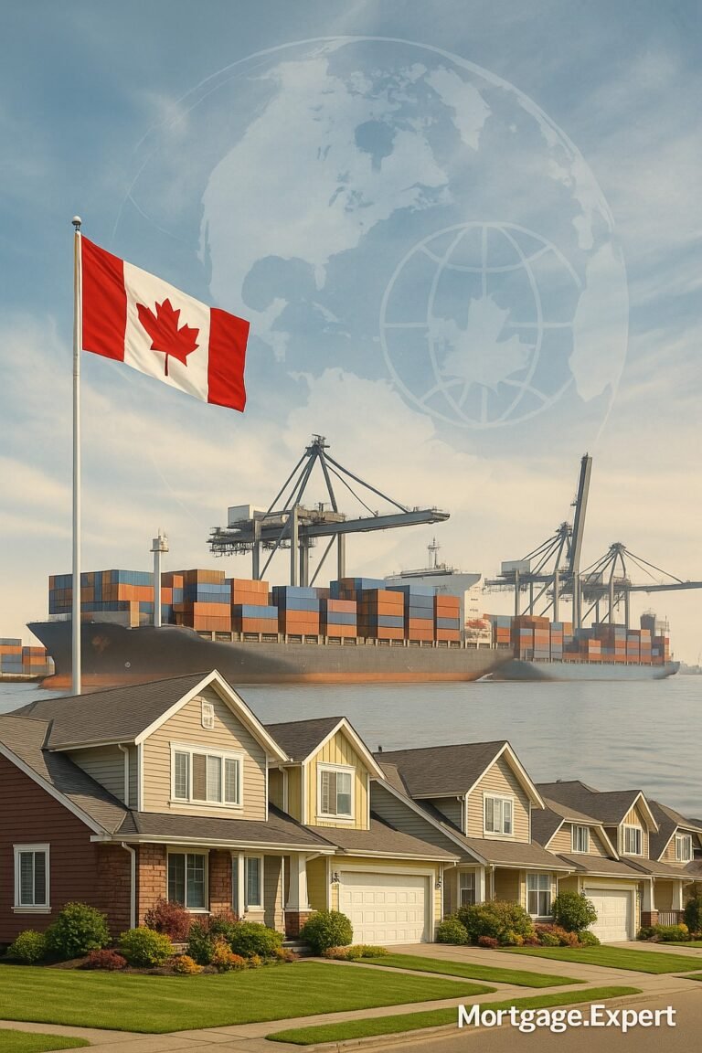 Global trade scene fading into a Canadian suburb – visualizing global tariff impact on Canadian mortgages 2025