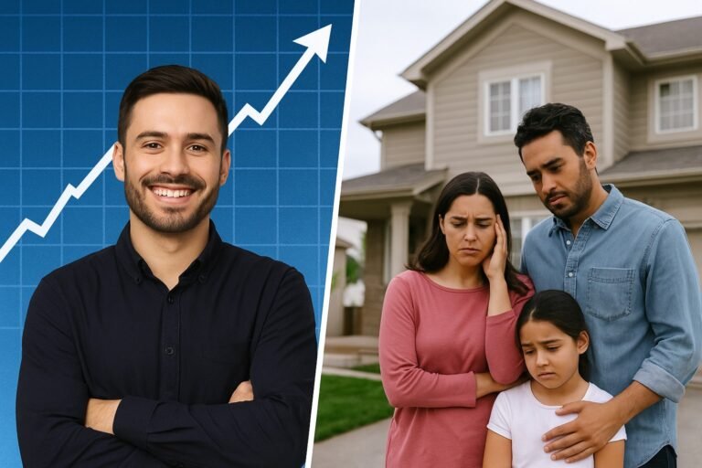 Rising stock market graph behind smiling investor contrasted with stressed Canadian family in front of house