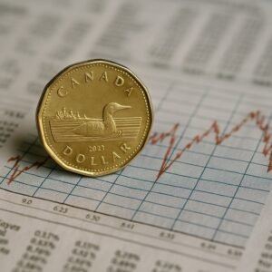 Canadian dollar coin placed on top of financial chart with line graph showing market fluctuations