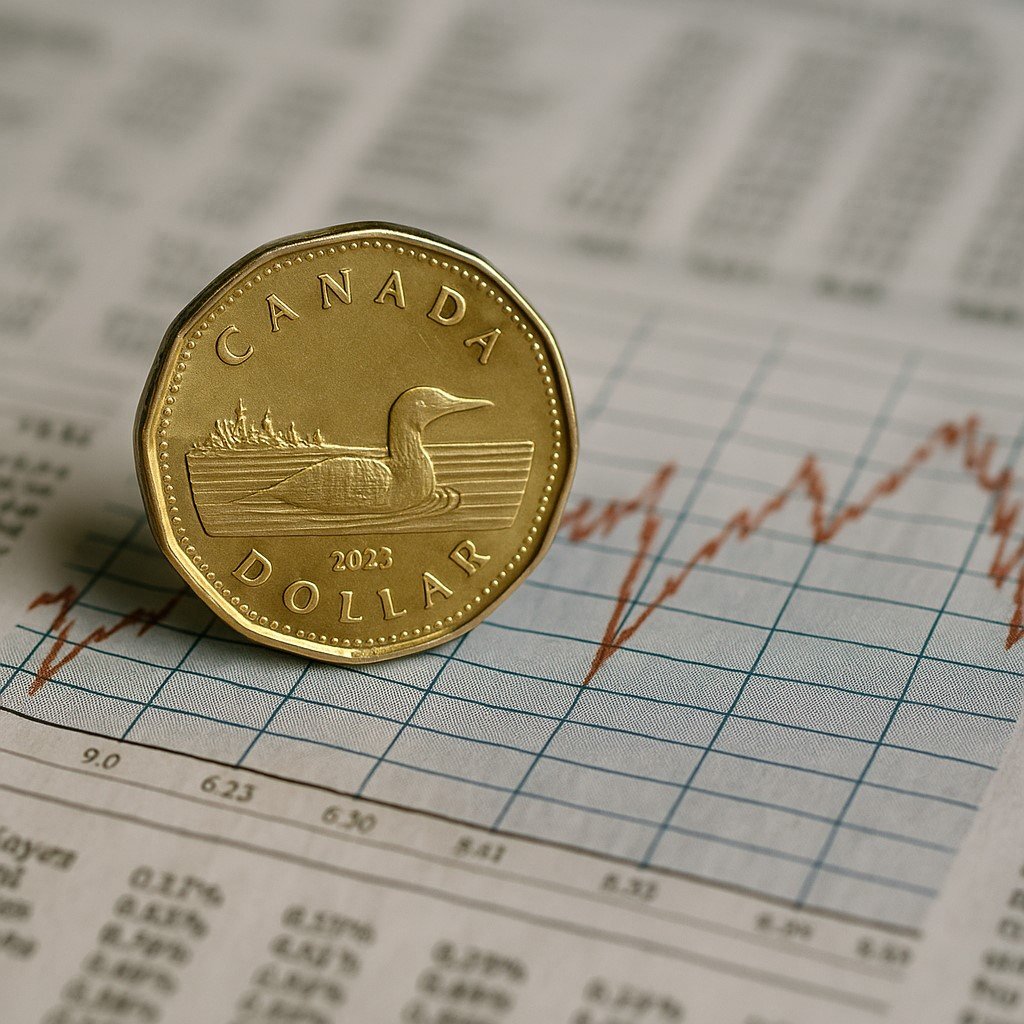Canadian dollar coin placed on top of financial chart with line graph showing market fluctuations