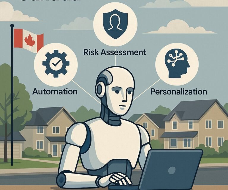 AI robot working on mortgage applications in a Canadian suburban setting, highlighting automation, risk assessment, and personalization in housing finance