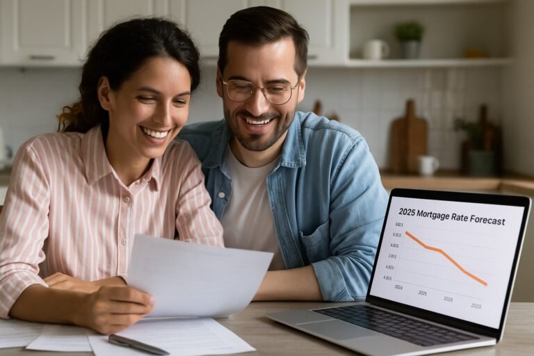 Canadian homebuyers reviewing 5-year fixed mortgage rate forecasts at kitchen table – July 2025
