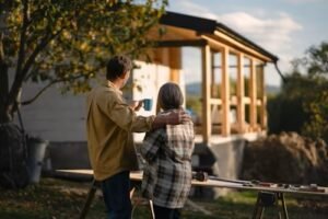 Two families standing in front of a shared home in an expensive Canadian city like Toronto or Vancouver, representing modern co-ownership strategies.