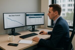 "Canadian mortgage broker analyzing rate cut forecasts and refinance options"