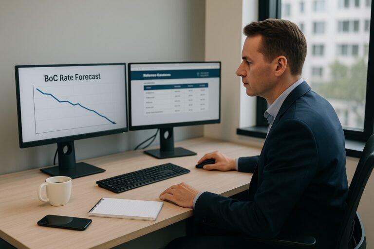 "Canadian mortgage broker analyzing rate cut forecasts and refinance options"