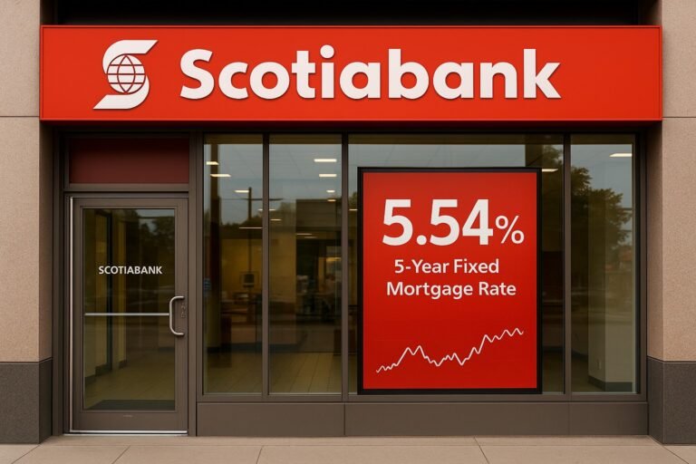 “Scotiabank branch with 5-year fixed mortgage rate banner – July 2025 rate update”
