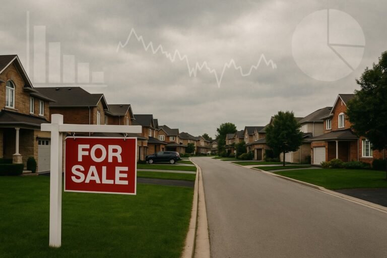 “Canadian suburban scene with soft overlay of economic charts – illustrating flat inflation and cautious mortgage rate outlook July 2025”