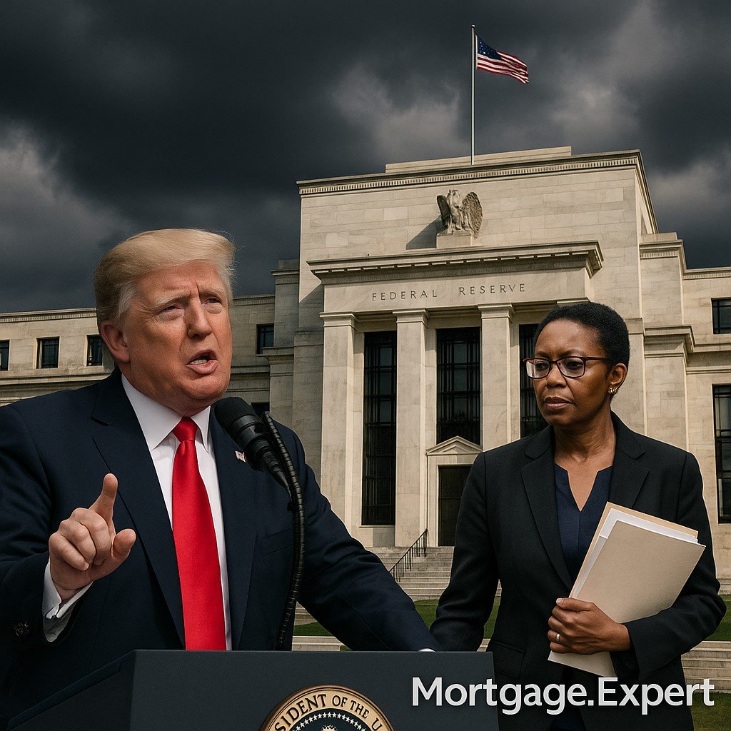 “Donald Trump announcing the firing of Fed Governor Lisa Cook over alleged mortgage fraud, with the Federal Reserve building in the background.”