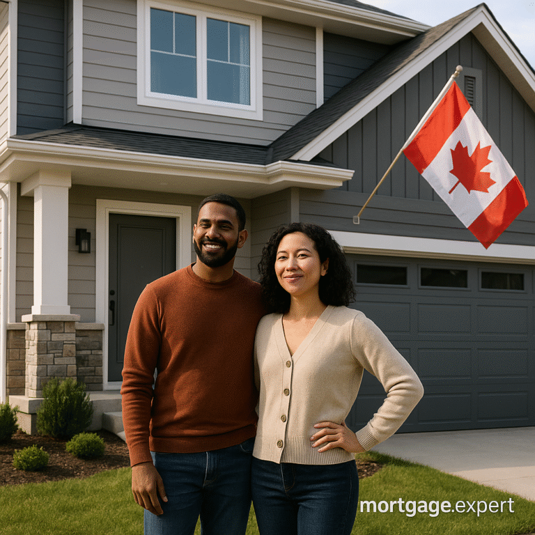 "Diverse couple standing confidently outside their modern Canadian home with a Canadian flag, under daylight, with mortgage.expert watermark."